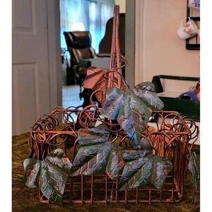 Vintage Metal Wire Basket with Green and Copper Painted Leaves